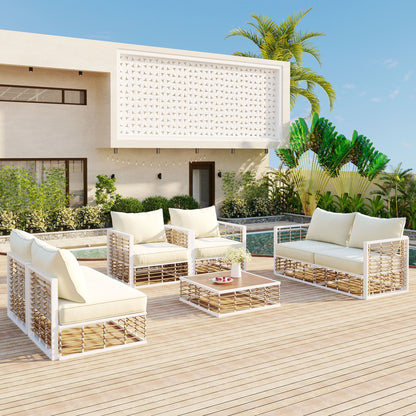 TOPMAX 7pc minimalist metal patio sectional sofa set with white cushions on wood deck on Tampa Home & Garden Store
