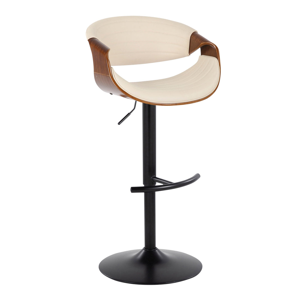 Symphony mid-century adjustable barstool beige padded seat with curved wood arms and black pedestal on Tampa Home & Garden Store