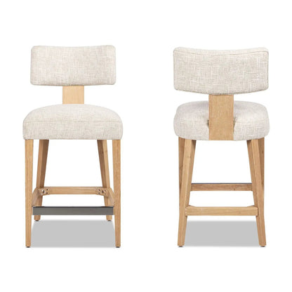 Penny round arched upholstered counter stool set of 2 travertine beige fabric with wood legs on Tampa Home & Garden Store