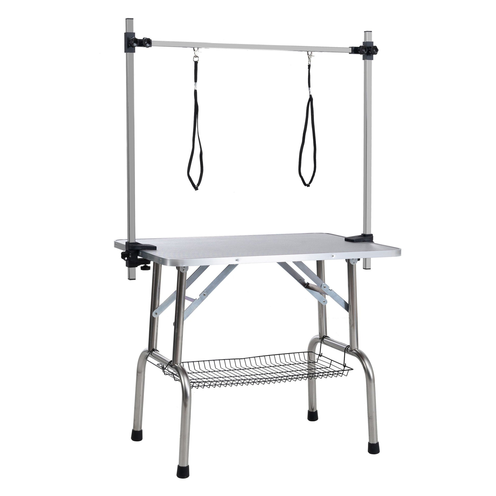 Folding pet grooming table with stainless steel frame rubber mat adjustable arms and clamps on Tampa Home & Garden Store