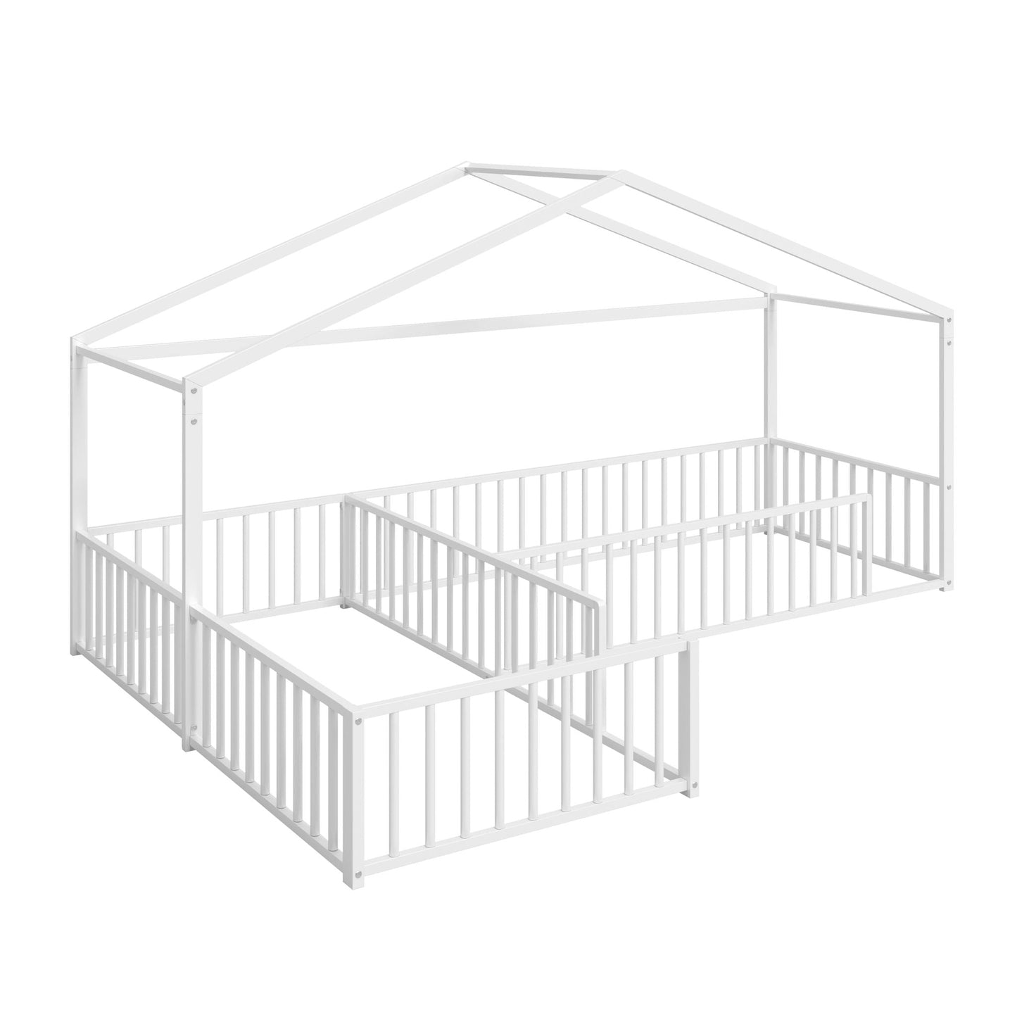L-Shaped Montessori Bed for 2 Kids with Partitioned Fence, white metal canopy frame by HouseOfZazla on Tampa Home & Garden Store