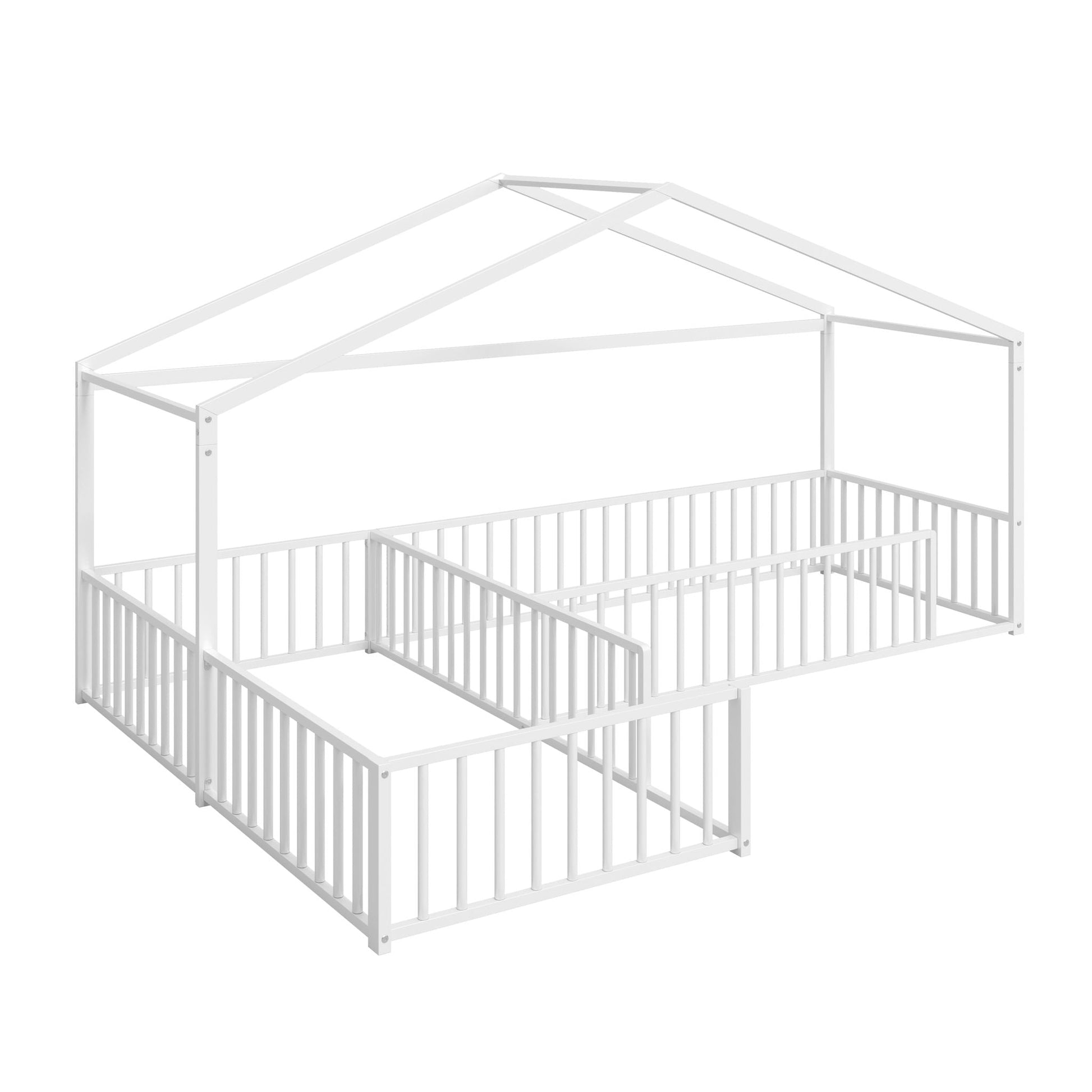 L-Shaped Montessori Bed for 2 Kids with Partitioned Fence, white metal canopy frame by HouseOfZazla on Tampa Home & Garden Store
