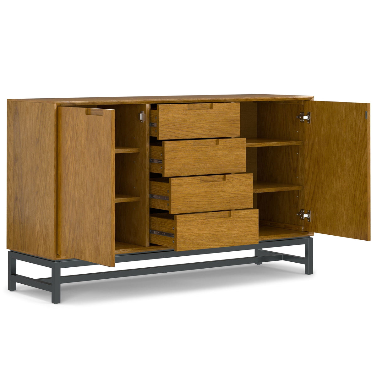 Banting Sideboard with Centre Drawers in oak finish with side doors and a metal base on Tampa Home & Garden Store