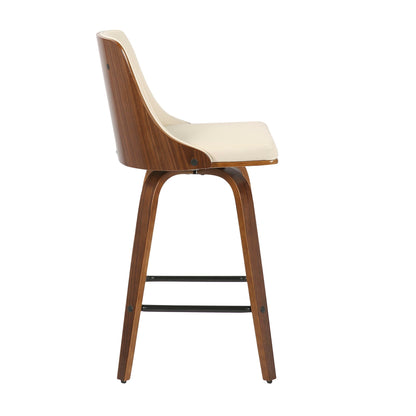 Mid Century Modern Counter Stool with Swivel, wood veneer and cream seat, curved back on Tampa Home & Garden Store