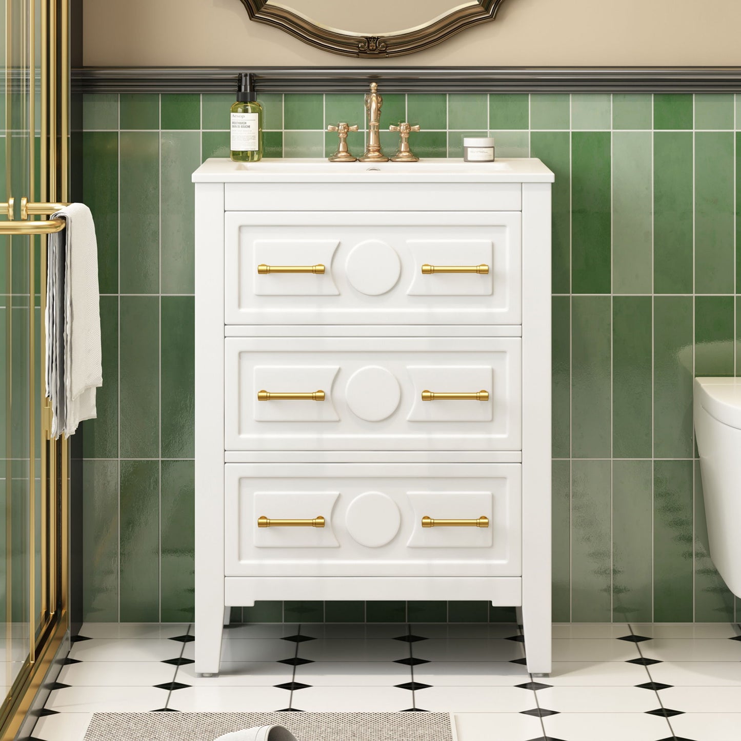 Bathroom vanity with sink, white 3-drawer cabinet, brass pulls by HouseOfZazla, green tile wall on Tampa Home & Garden Store
