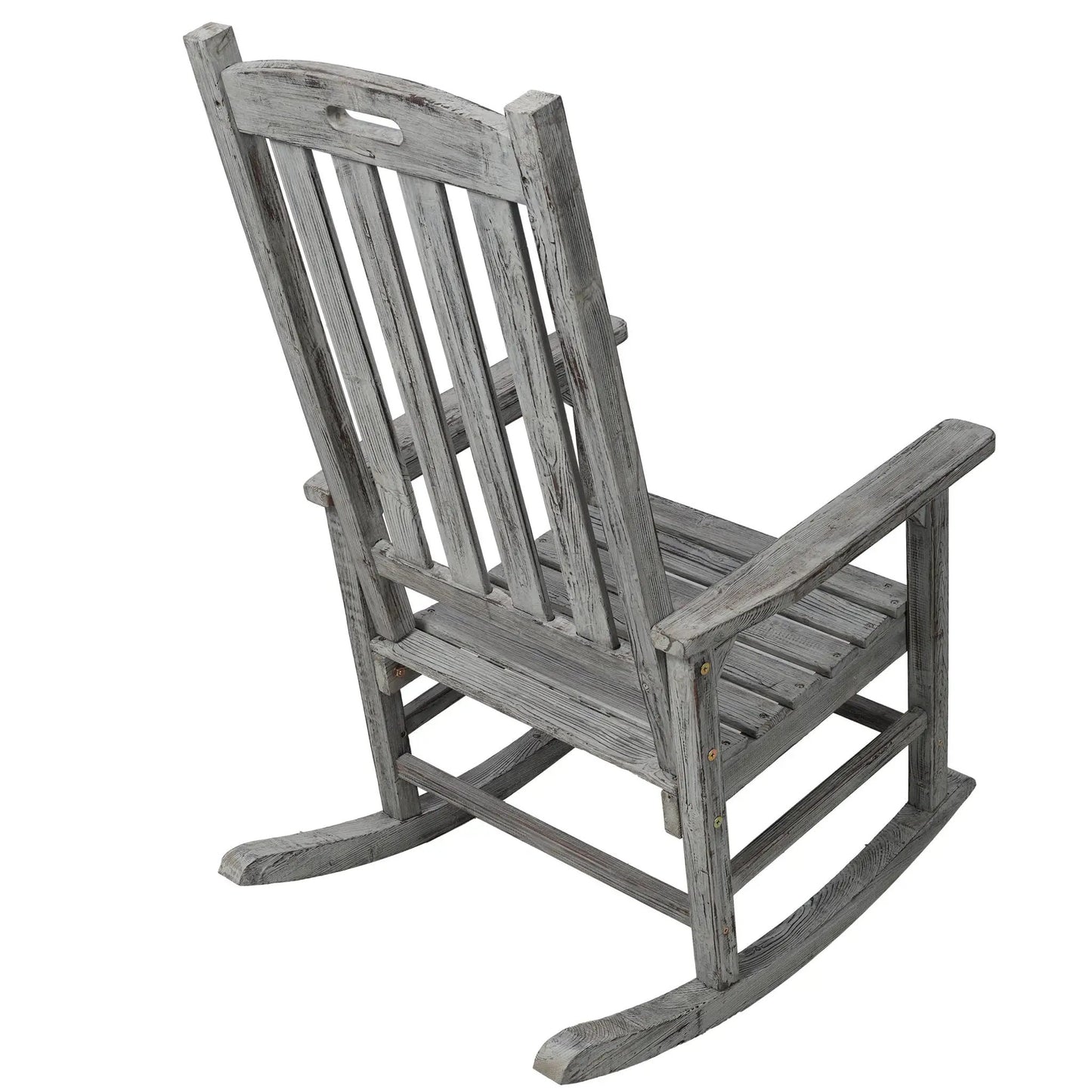 Oversized Porch Rocker Chair in distressed gray wood with a wide seat and tall backrest on Tampa Home & Garden Store