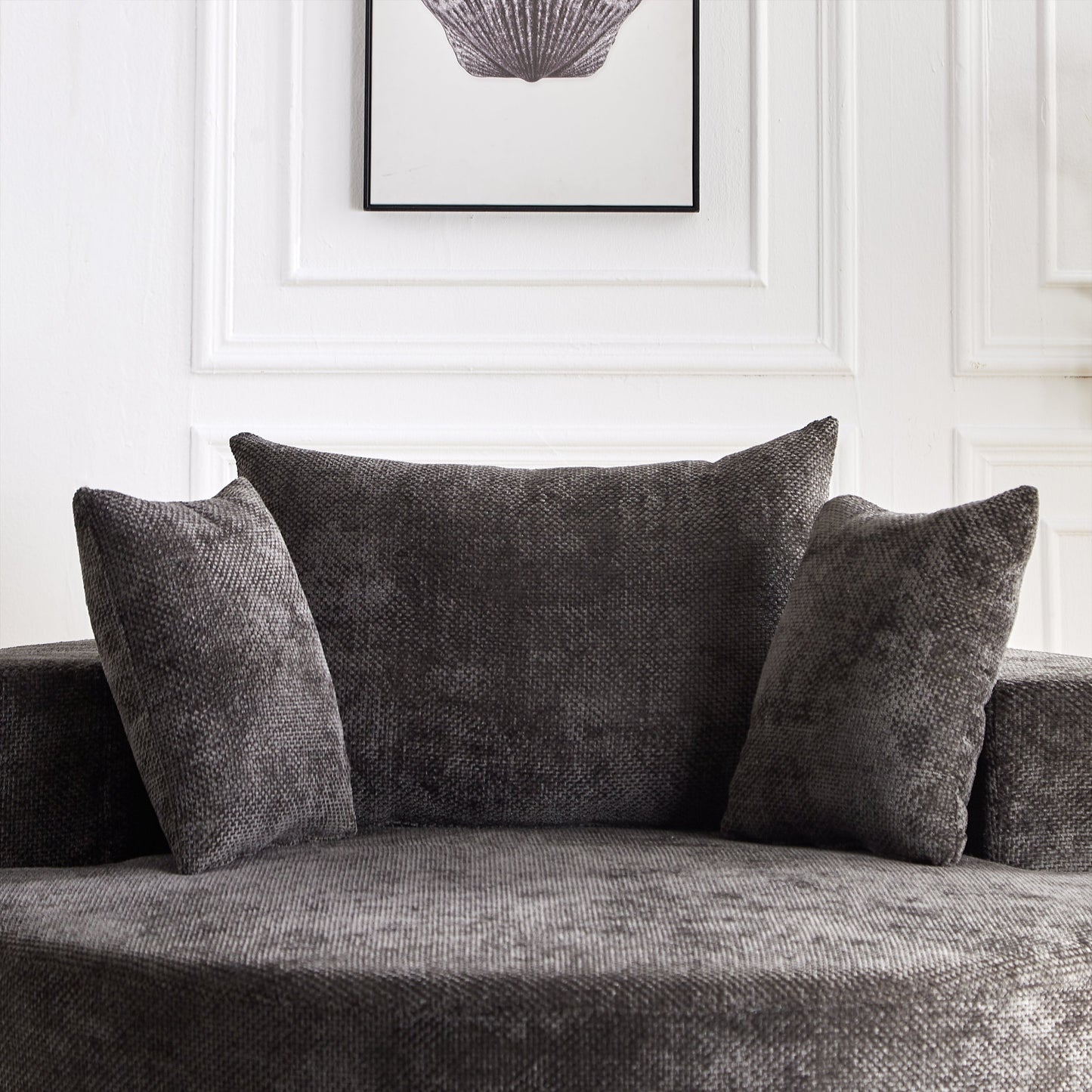55'' Chenille Foam Single Swivel Chair dark charcoal upholstery with cushions on paneled wall on Tampa Home & Garden Store