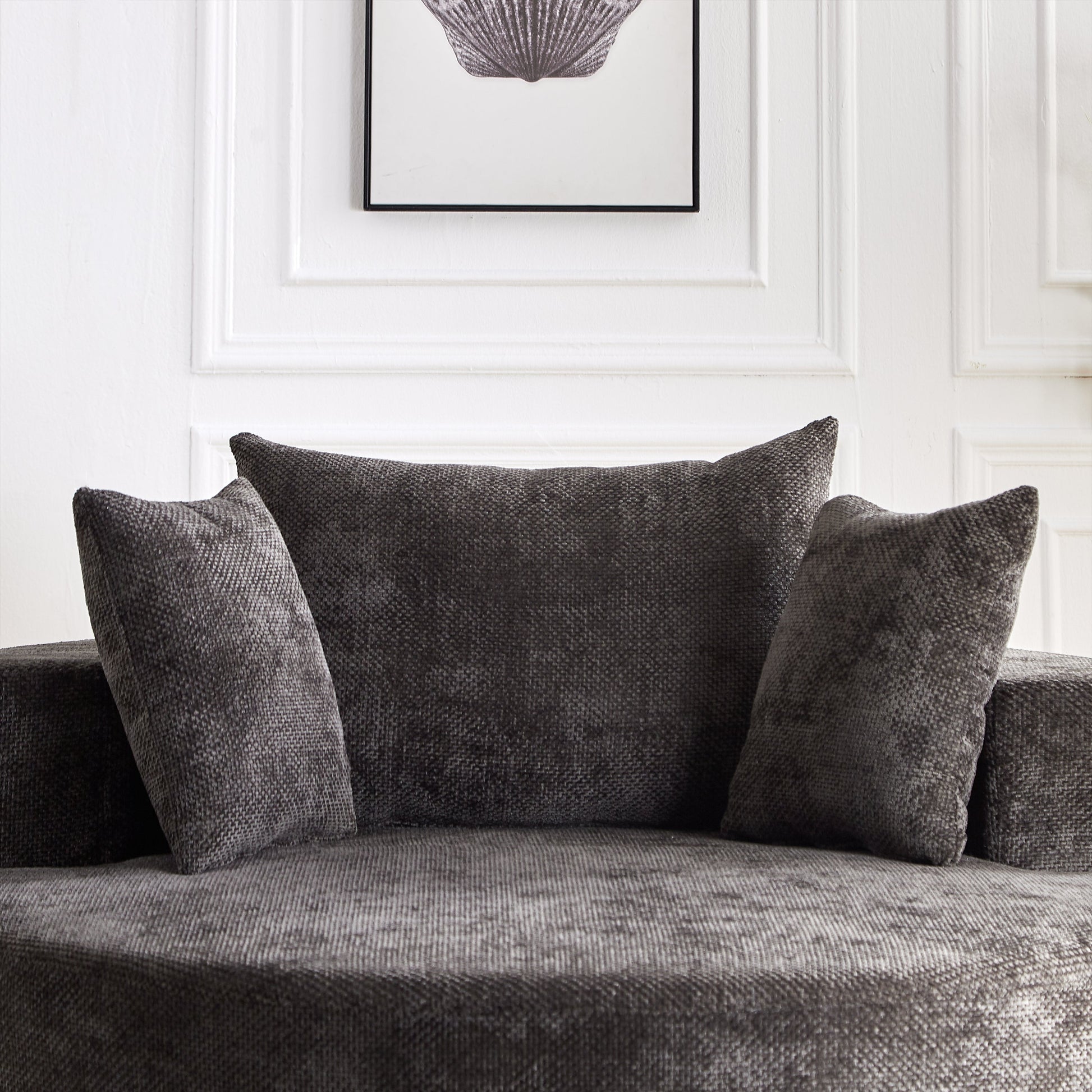 55'' Chenille Foam Single Swivel Chair dark charcoal upholstery with cushions on paneled wall on Tampa Home & Garden Store