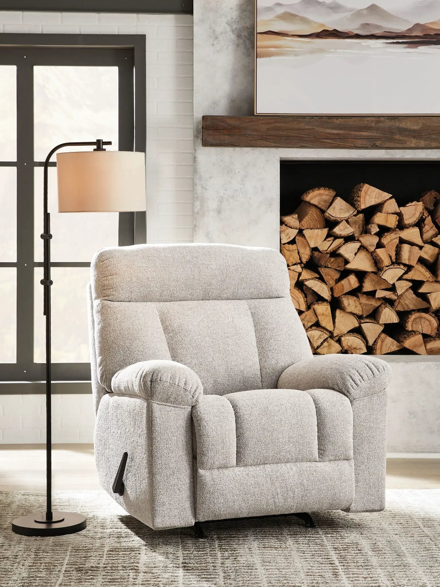 Hoyne Park Rocker Recliner in light gray textured fabric for a cozy living room on Tampa Home & Garden Store