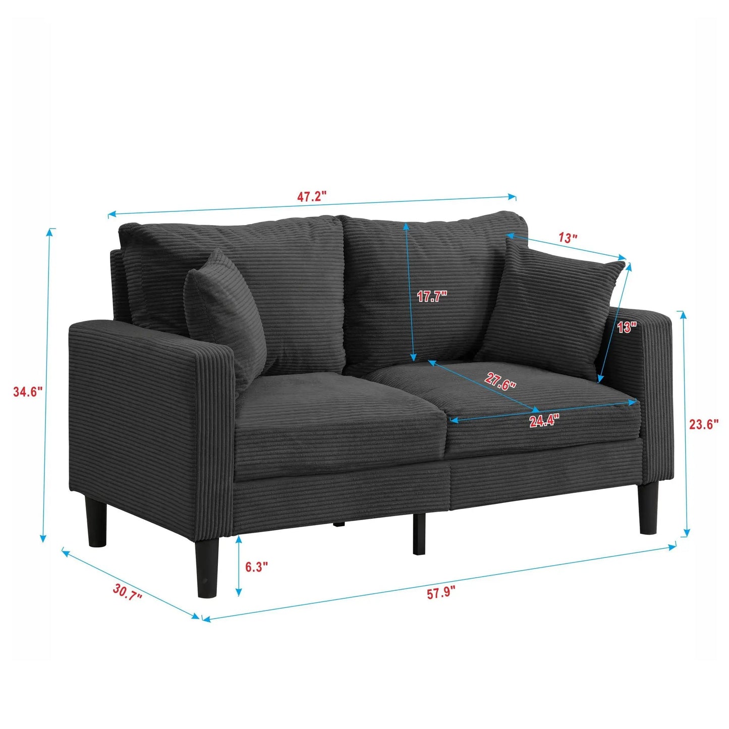 Modern Upholstered Loveseat Sofa stationary by Unique Piece Furniture in dark gray corded fabric on Tampa Home & Garden Store