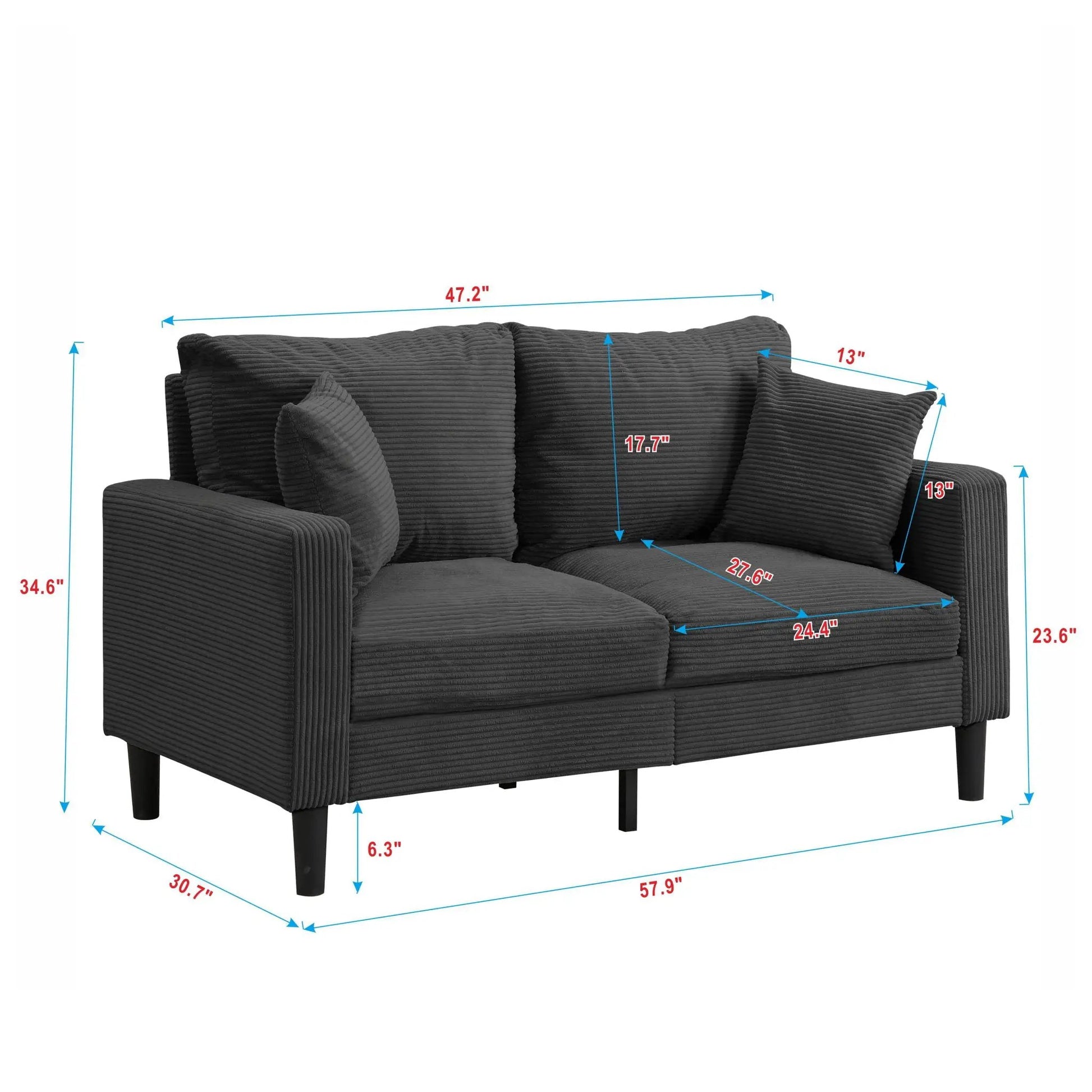Modern Upholstered Loveseat Sofa stationary by Unique Piece Furniture in dark gray corded fabric on Tampa Home & Garden Store