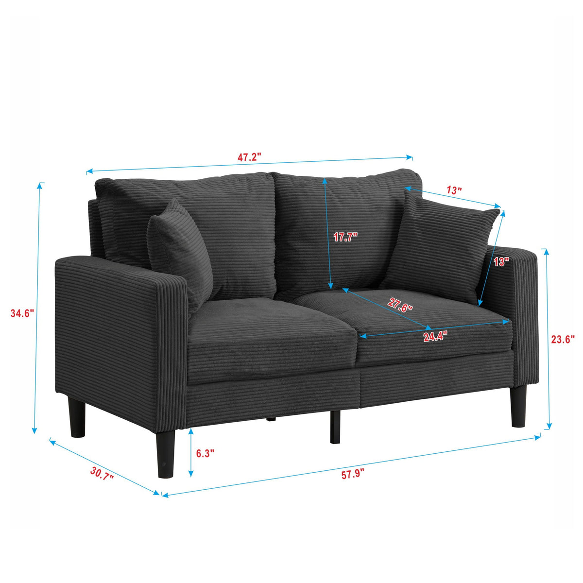 Modern Upholstered Loveseat Sofa by HouseOfZazla in dark gray corduroy, stationary, 57.9 in wide on Tampa Home & Garden Store