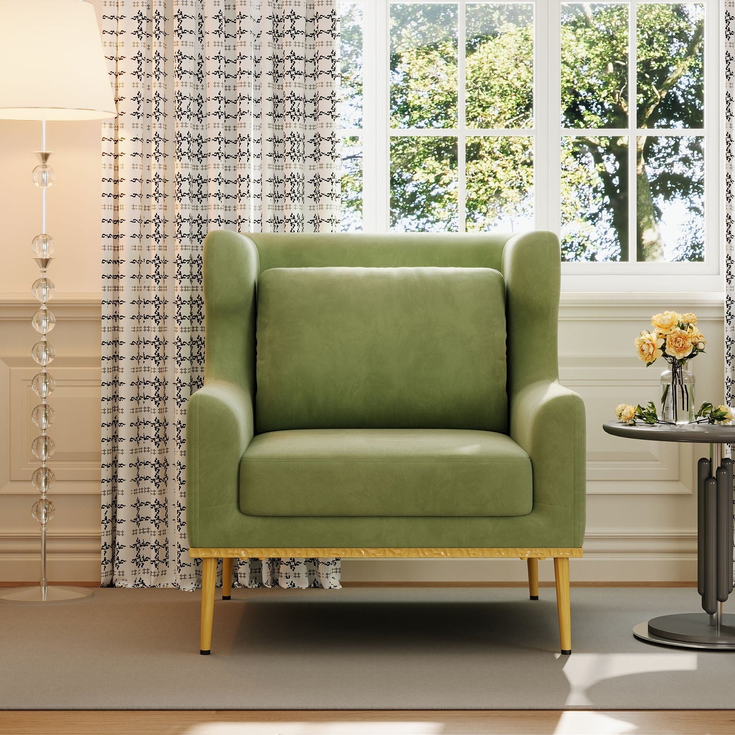 Elegant Curved Armrest Accent Armchair with sage green upholstery by HouseOfZazla on Tampa Home & Garden Store