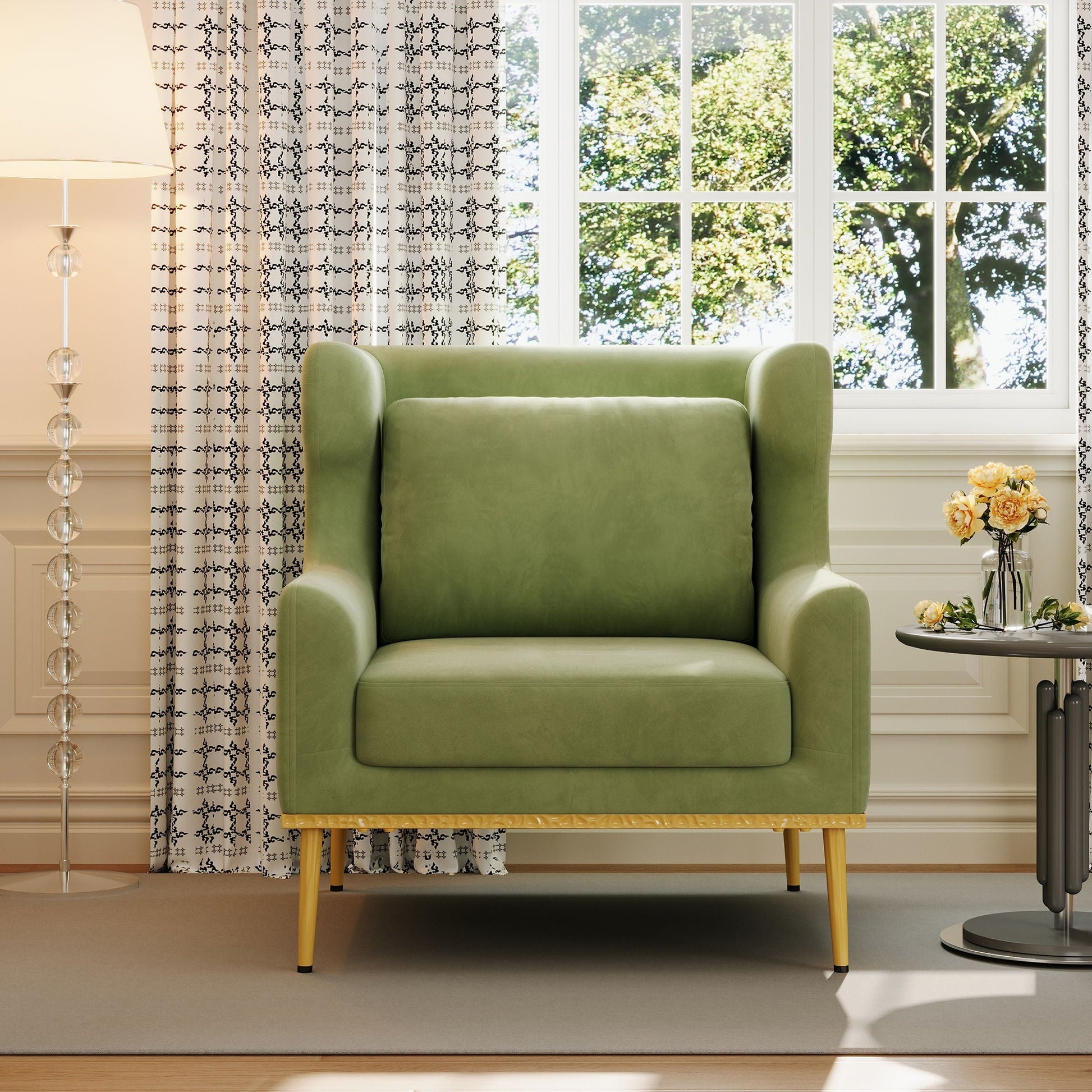 Elegant Curved Armrest Accent Armchair with sage green upholstery by HouseOfZazla on Tampa Home & Garden Store