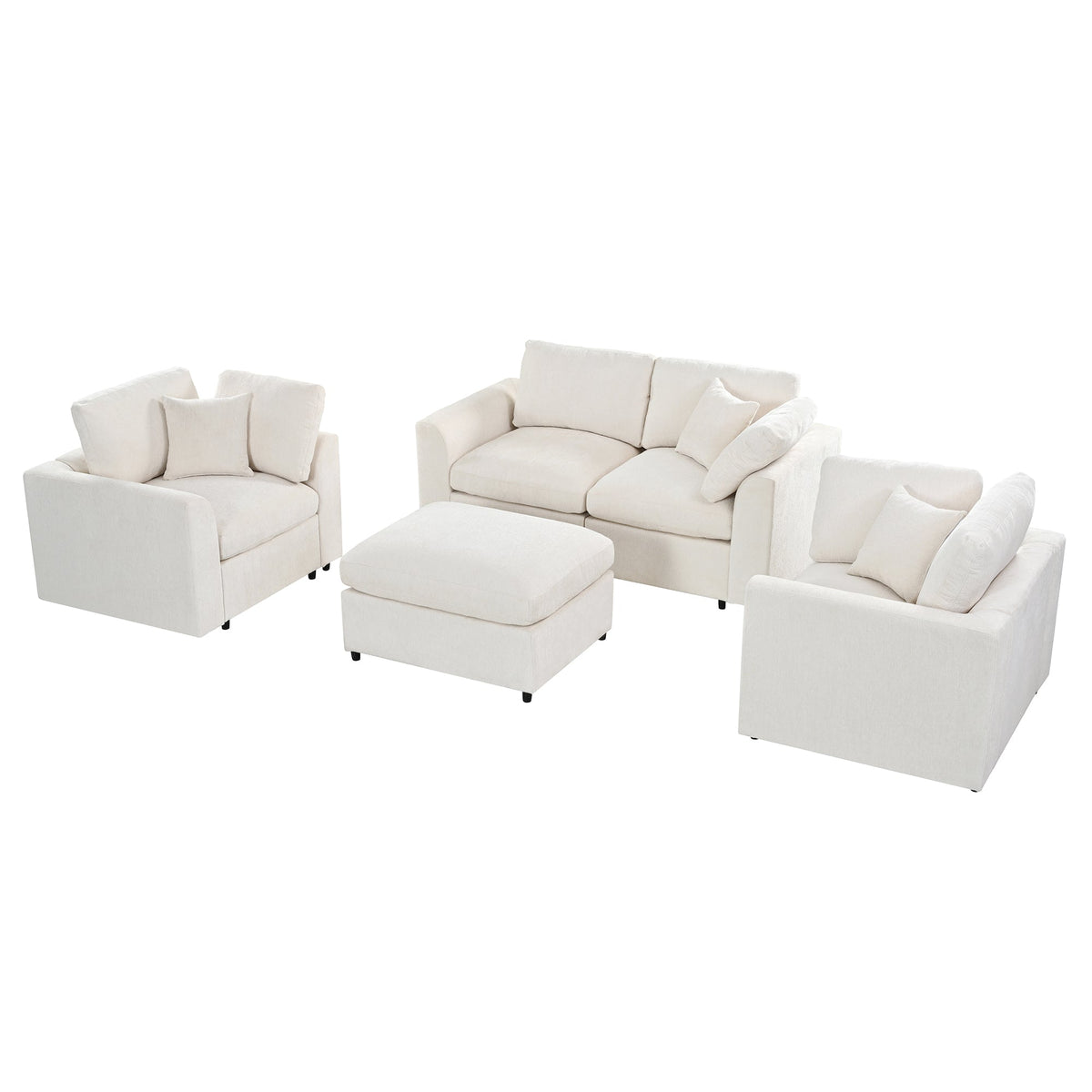 U-Style 4-Piece Sofa Set by HouseOfZazla: two accent chairs, loveseat, and movable ottoman in cream upholstery on Tampa Home & Garden Store