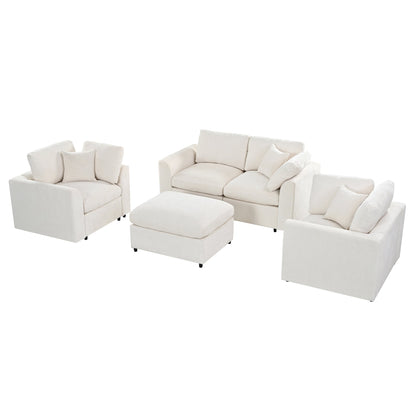 U-Style 4-Piece Sofa Set by HouseOfZazla: two accent chairs, loveseat, and movable ottoman in cream upholstery on Tampa Home & Garden Store