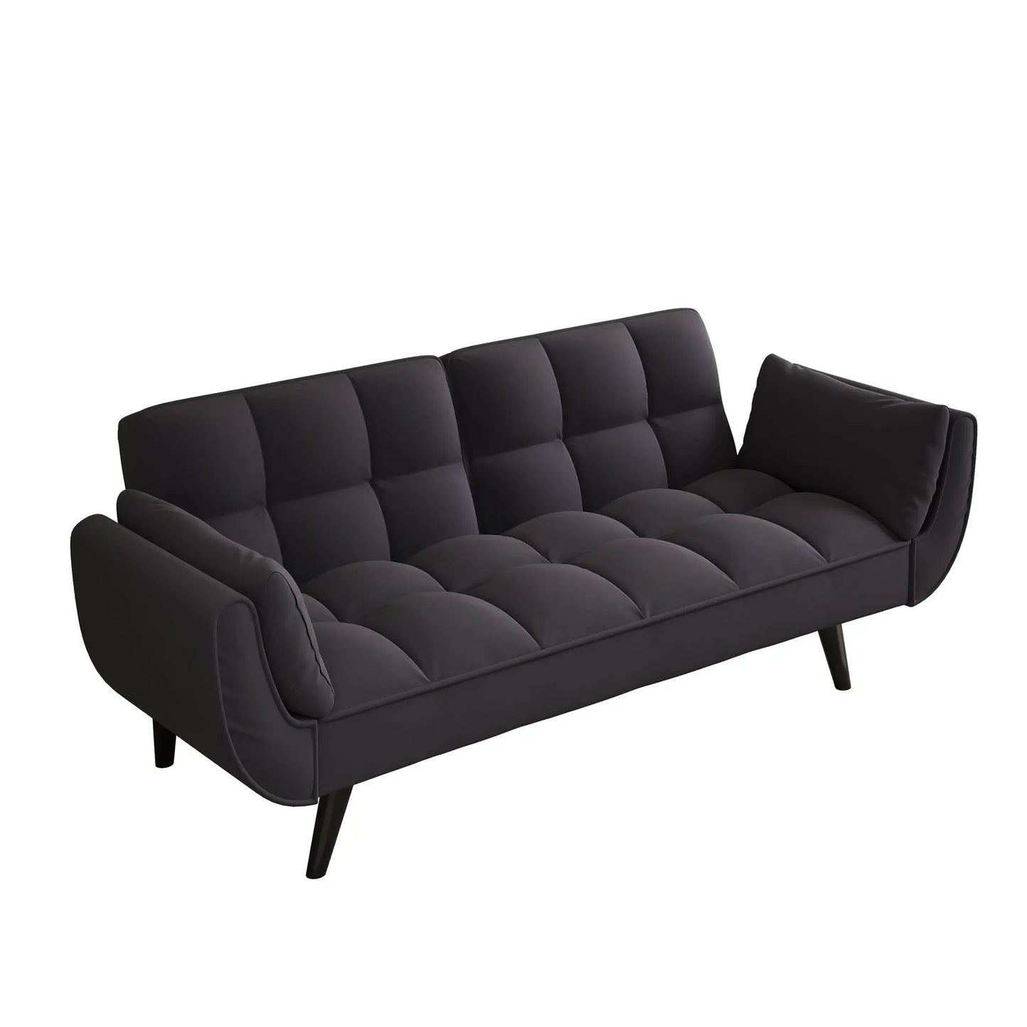 Futon sofa dark charcoal upholstery with tufted cushions and two armrests, includes throw pillow on Tampa Home & Garden Store