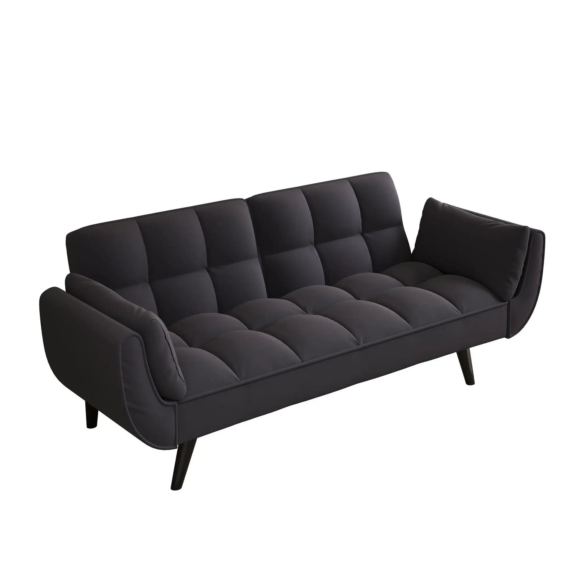 Futon sofa dark charcoal upholstery with tufted cushions and two armrests, includes throw pillow on Tampa Home & Garden Store