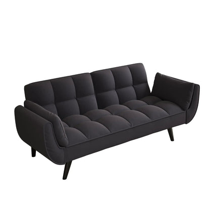Futon sofa dark charcoal upholstery with tufted cushions and two armrests, includes throw pillow on Tampa Home & Garden Store