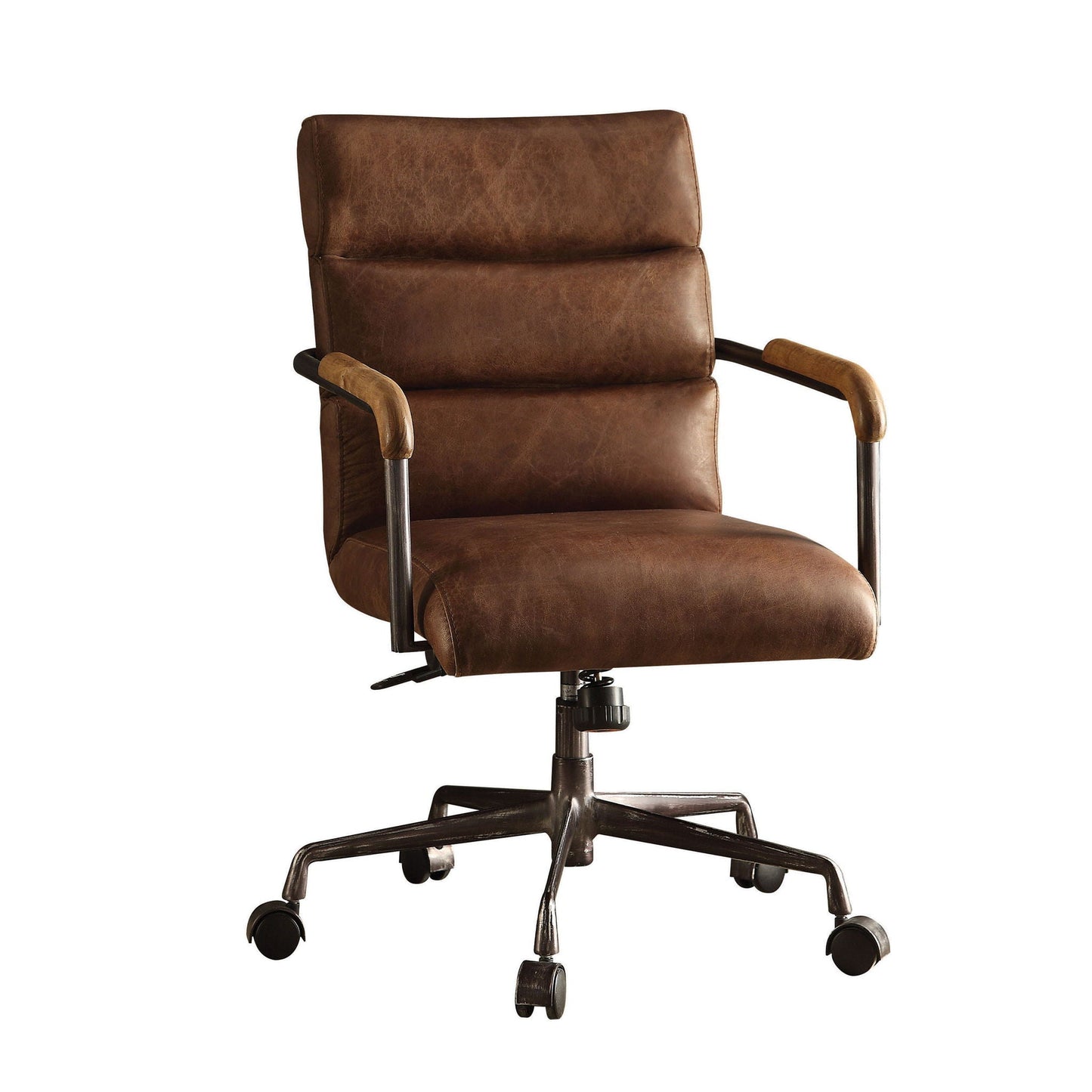Harith Retro Top Grain Office Chair brown leather swivel chair with wood armrests on Tampa Home & Garden Store