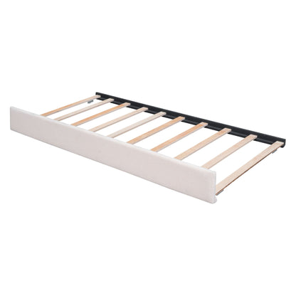 Upholstered Platform Bed With Trundle beige headboard and wood slat frame by HouseOfZazla on Tampa Home & Garden Store
