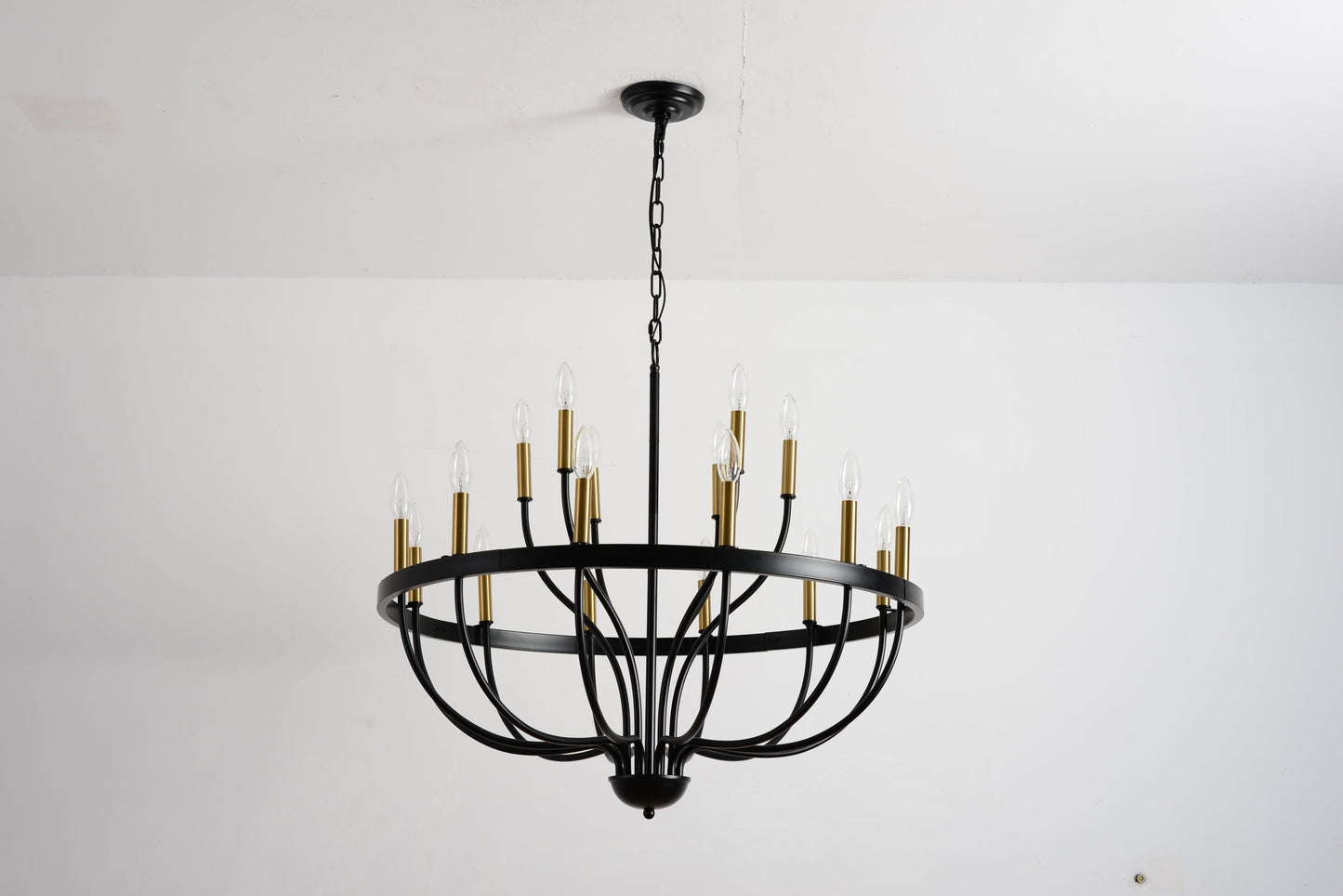 15-light industrial iron chandelier with black frame, gold-tone candle cups, hanging chain on Tampa Home & Garden Store