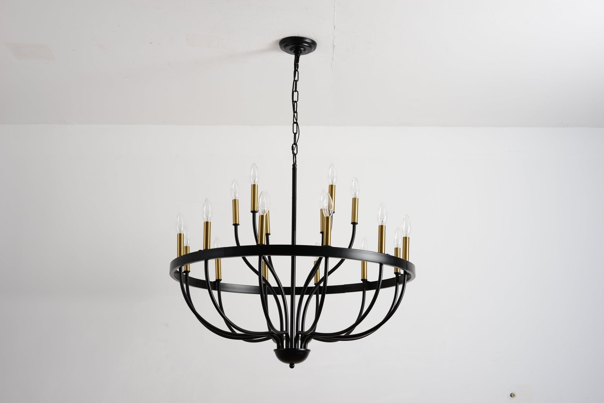 15-light industrial iron chandelier with black frame, gold-tone candle cups, hanging chain on Tampa Home & Garden Store
