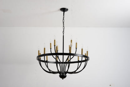 15-light industrial iron chandelier with black frame, gold-tone candle cups, hanging chain on Tampa Home & Garden Store
