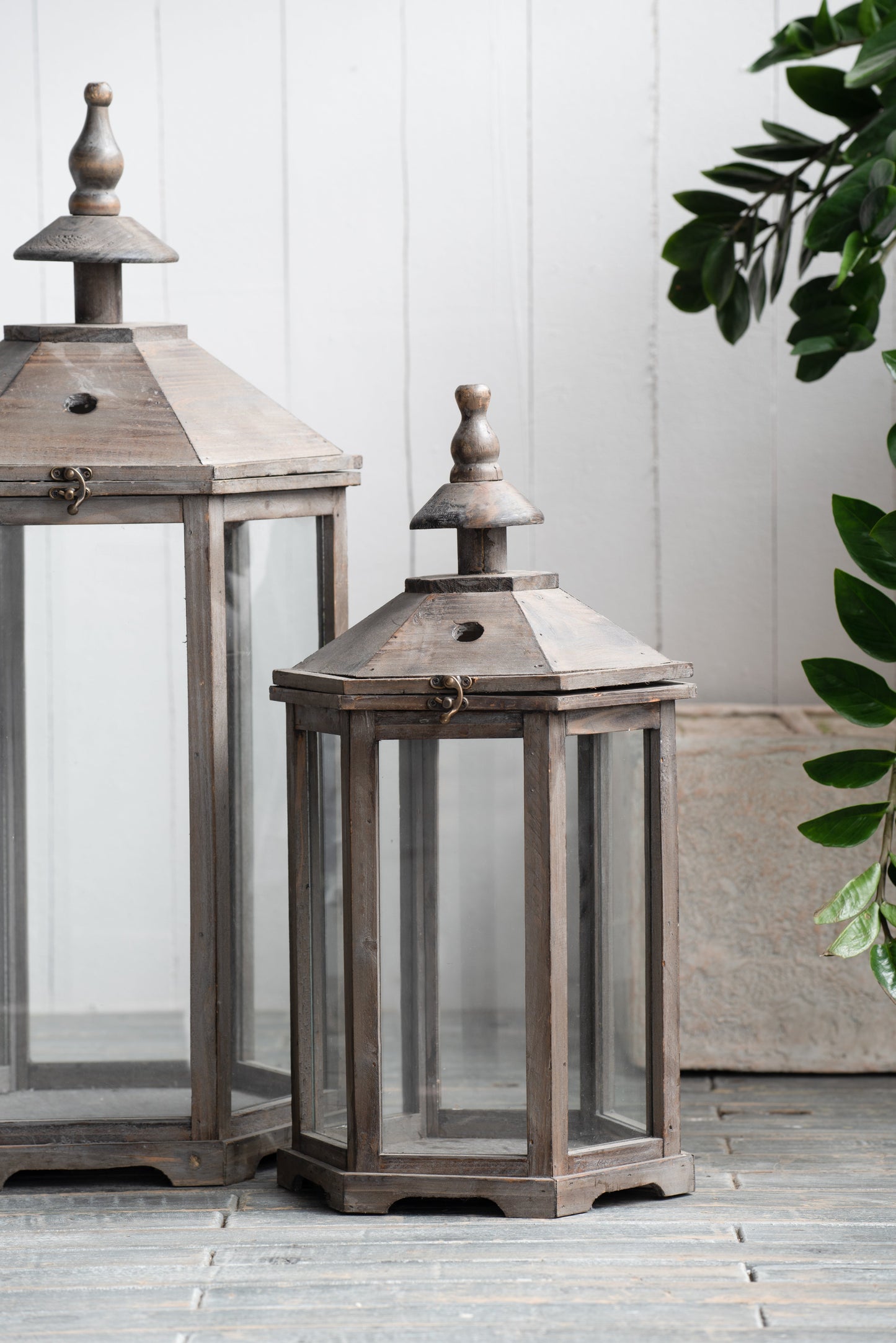 S/2 Graca Polygon Temple Garden Lanterns set of two, rustic wooden lanterns with glass panels on Tampa Home & Garden Store