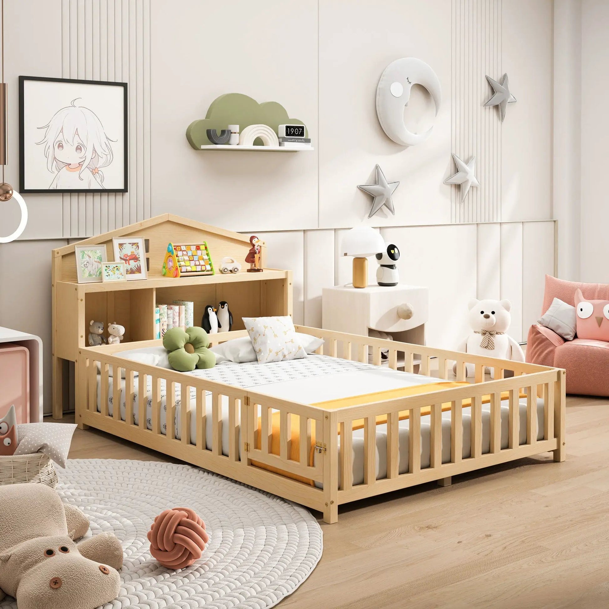 Full size Montessori floor bed natural solid wood with guard rails and storage headboard on Tampa Home & Garden Store