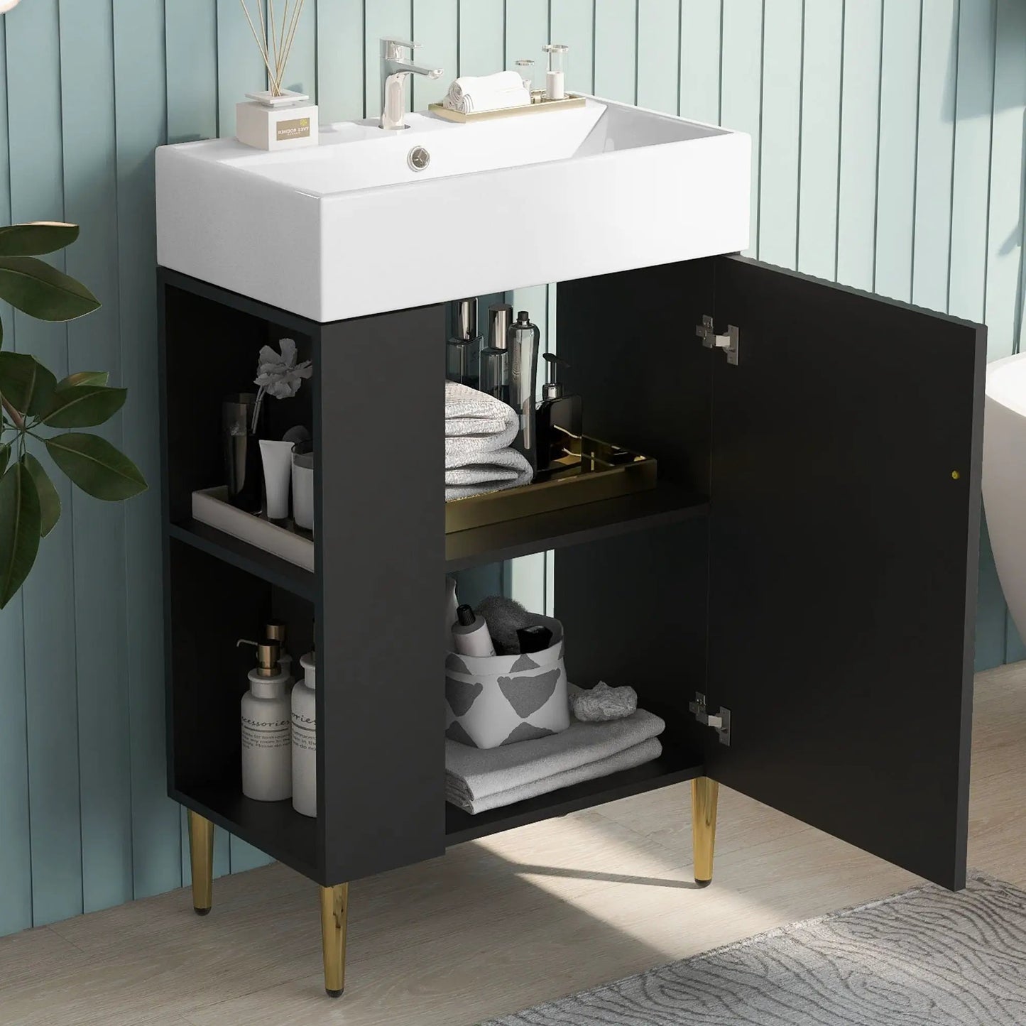 Bathroom vanity combo with white ceramic sink on black storage cabinet with gold legs on Tampa Home & Garden Store