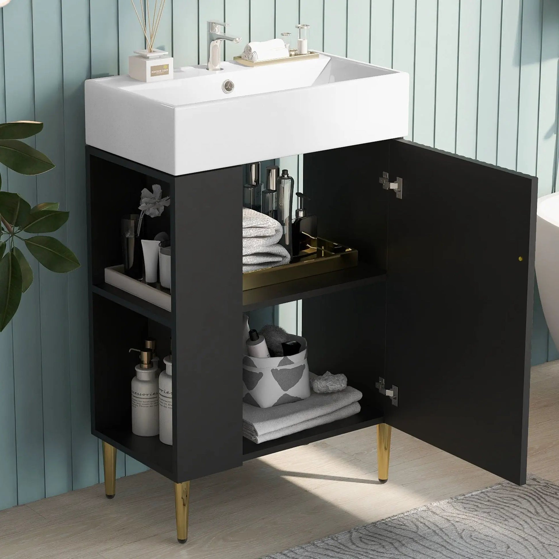 Bathroom vanity combo with white ceramic sink on black storage cabinet with gold legs on Tampa Home & Garden Store