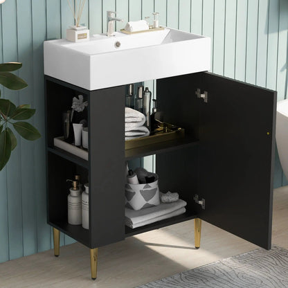 Bathroom vanity combo with white ceramic sink on black storage cabinet with gold legs on Tampa Home & Garden Store