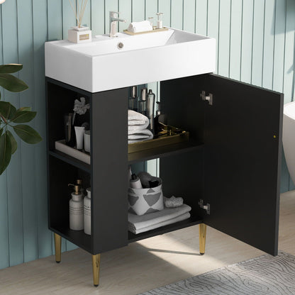 Bathroom vanity with ceramic sink on black cabinet with gold legs; towel storage on Tampa Home & Garden Store