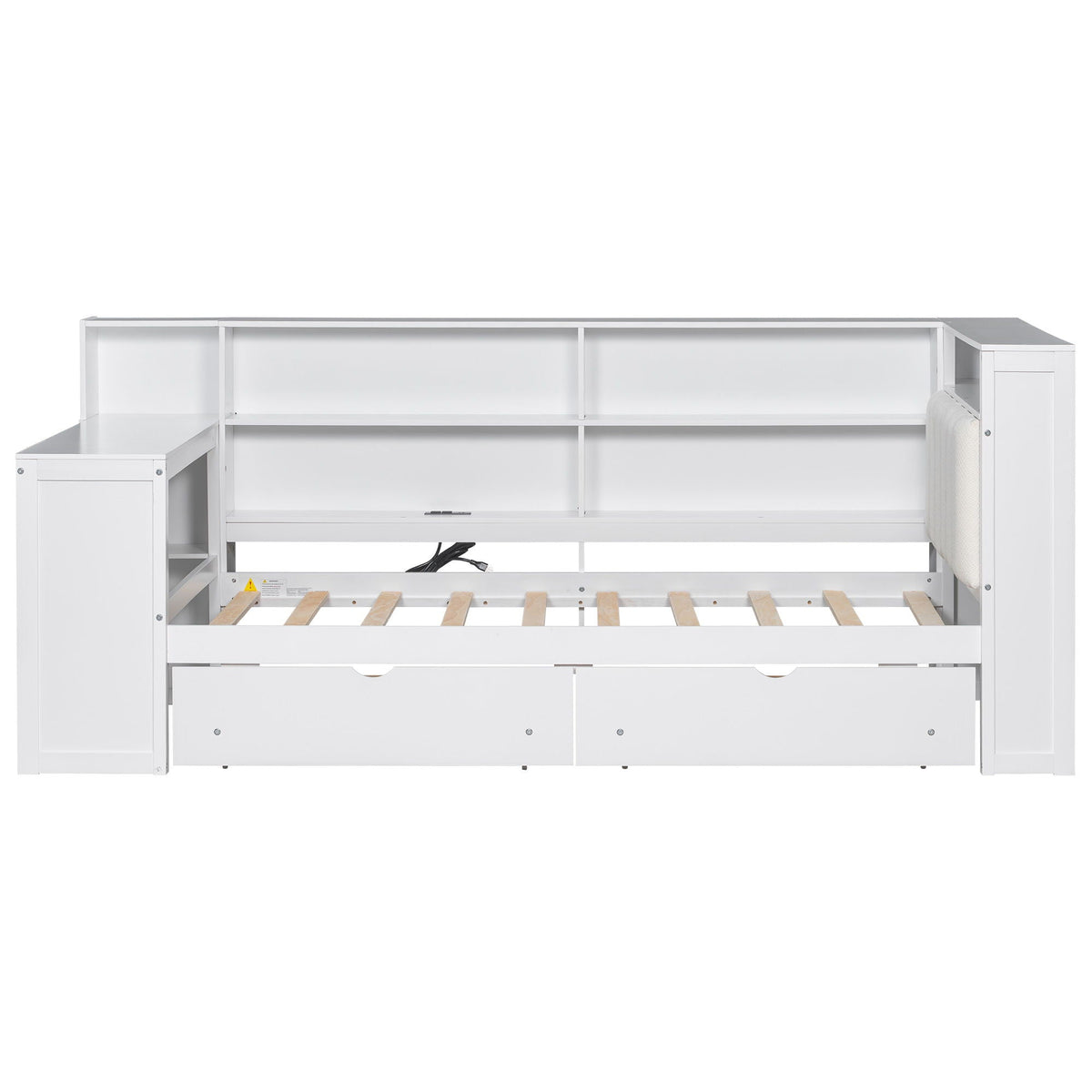 White platform bed frame with open storage shelves and bottom drawers, visible wooden slats on Tampa Home & Garden Store