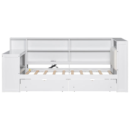 White platform bed frame with open storage shelves and bottom drawers, visible wooden slats on Tampa Home & Garden Store