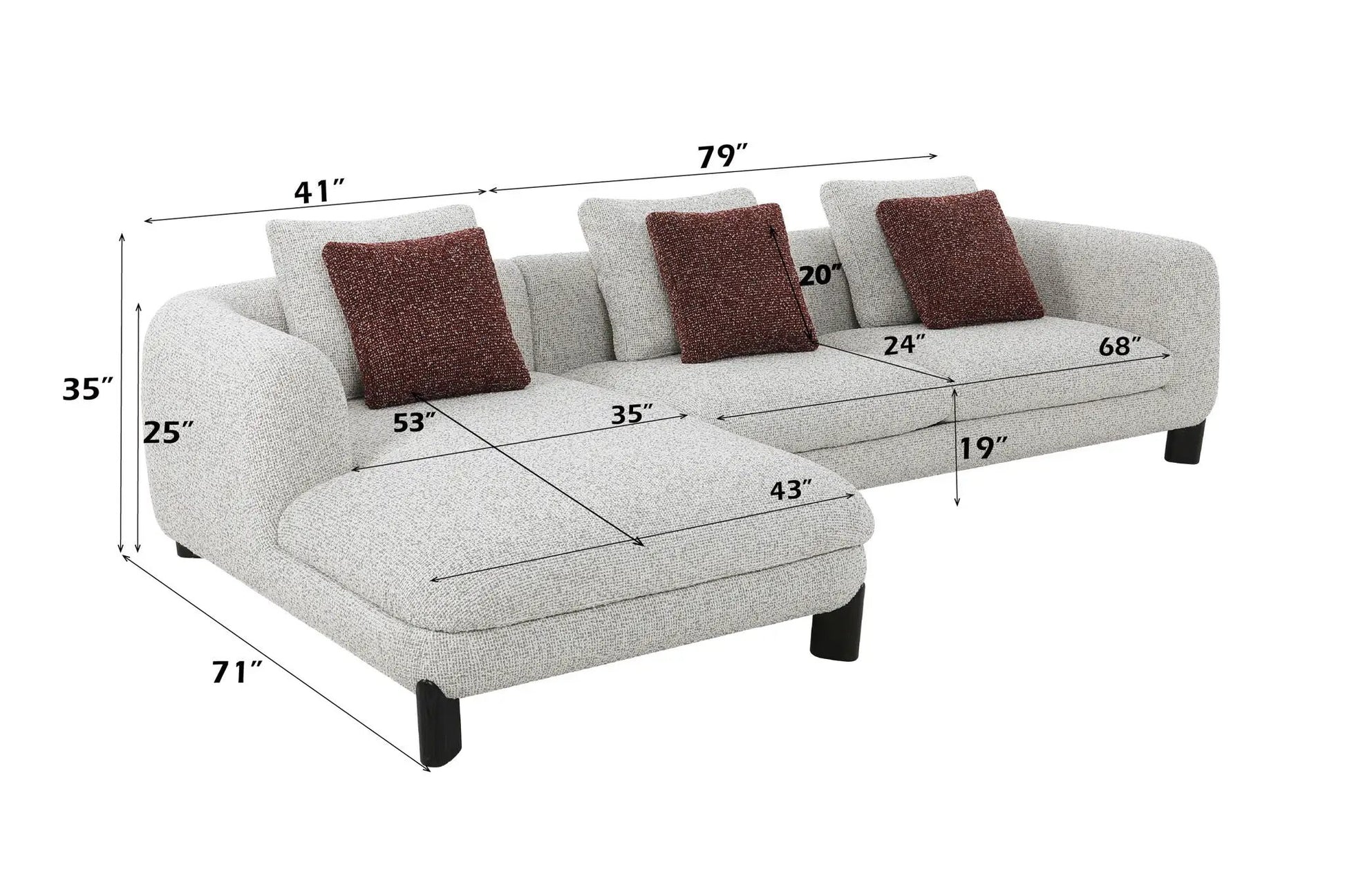 Mardi Tweed Sectional Sofa with 3 pillows beige tweed maroon accents Unique Piece Furniture on Tampa Home & Garden Store
