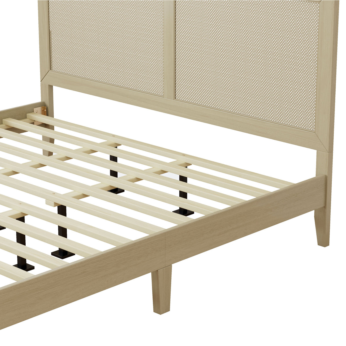 Solid wood platform king bed frame with woven rattan headboard panels in natural finish on Tampa Home & Garden Store