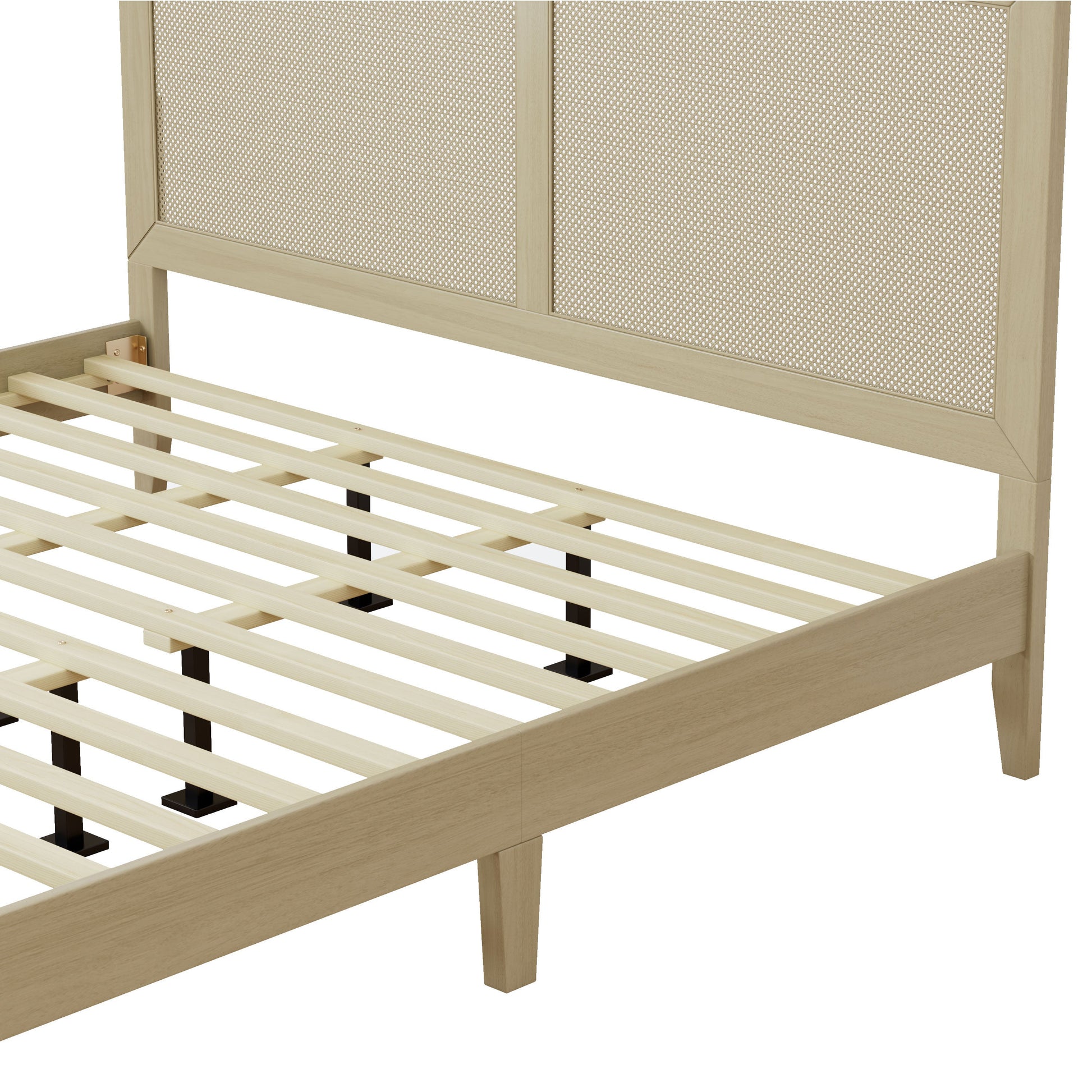 Solid wood platform king bed frame with woven rattan headboard panels in natural finish on Tampa Home & Garden Store