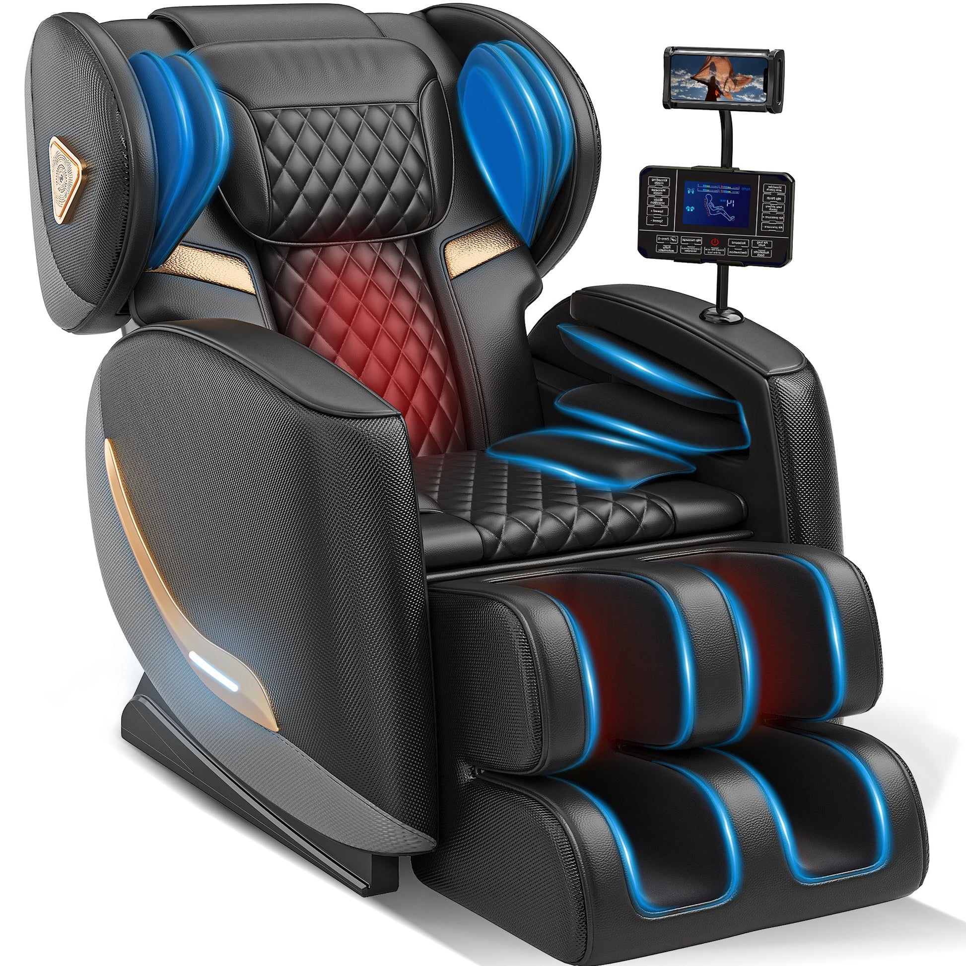Massage Chair Full Body Recliner HouseOfZazla with black quilted upholstery and blue LED rollers on Tampa Home & Garden Store