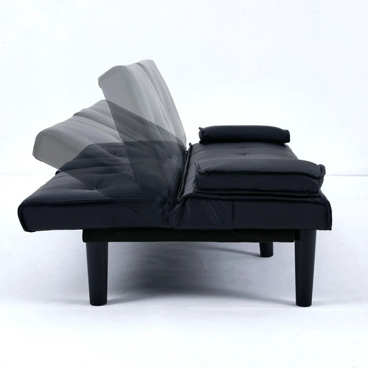 Futon sofa bed in black leather with foldable back and cup holder by Unique Piece Furniture on Tampa Home & Garden Store
