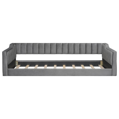 Daybed Unique Piece Furniture gray tufted upholstery with side arms and exposed slat base on Tampa Home & Garden Store