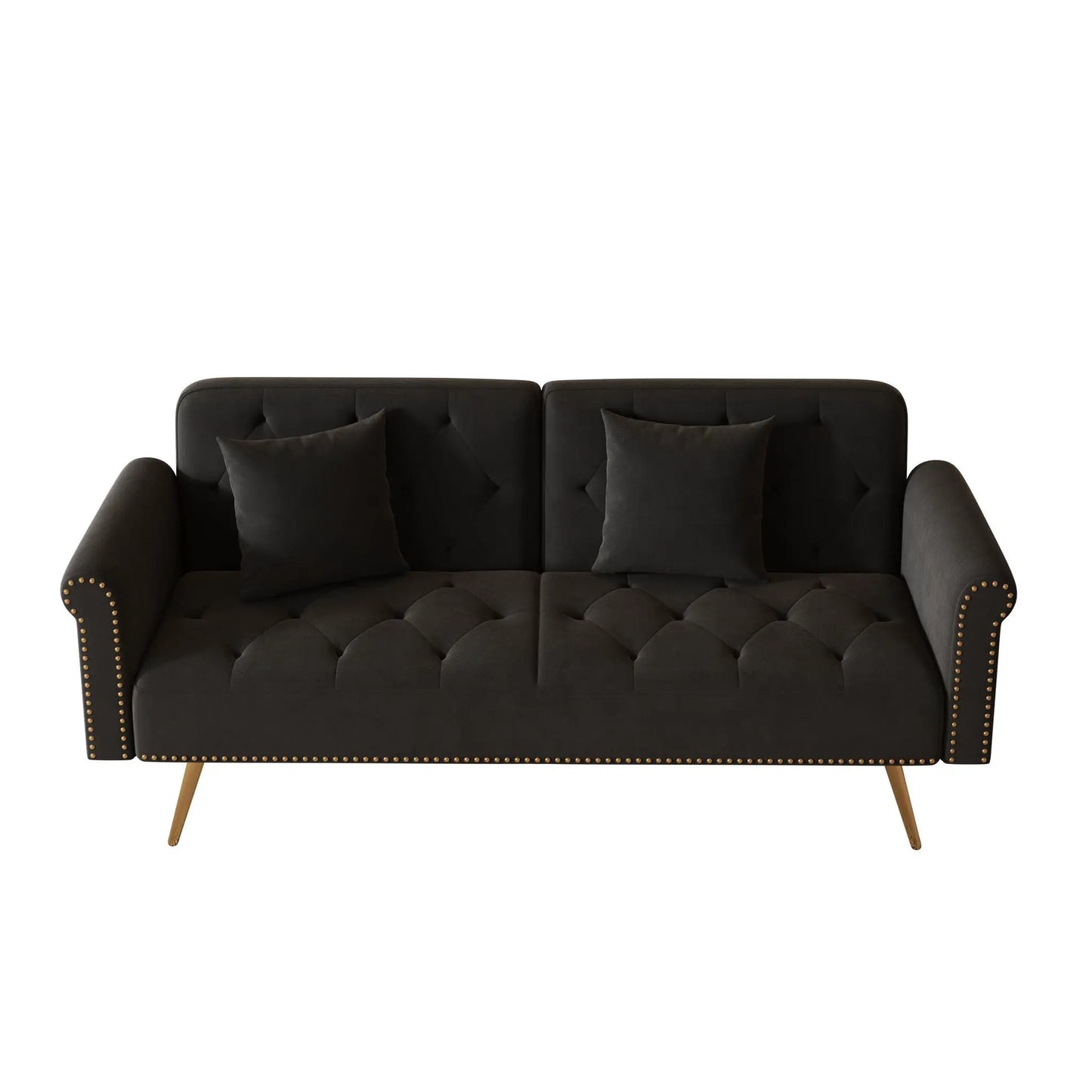 Futon sofa bed with nailhead trim and matching pillows in dark charcoal fabric Unique Piece on Tampa Home & Garden Store