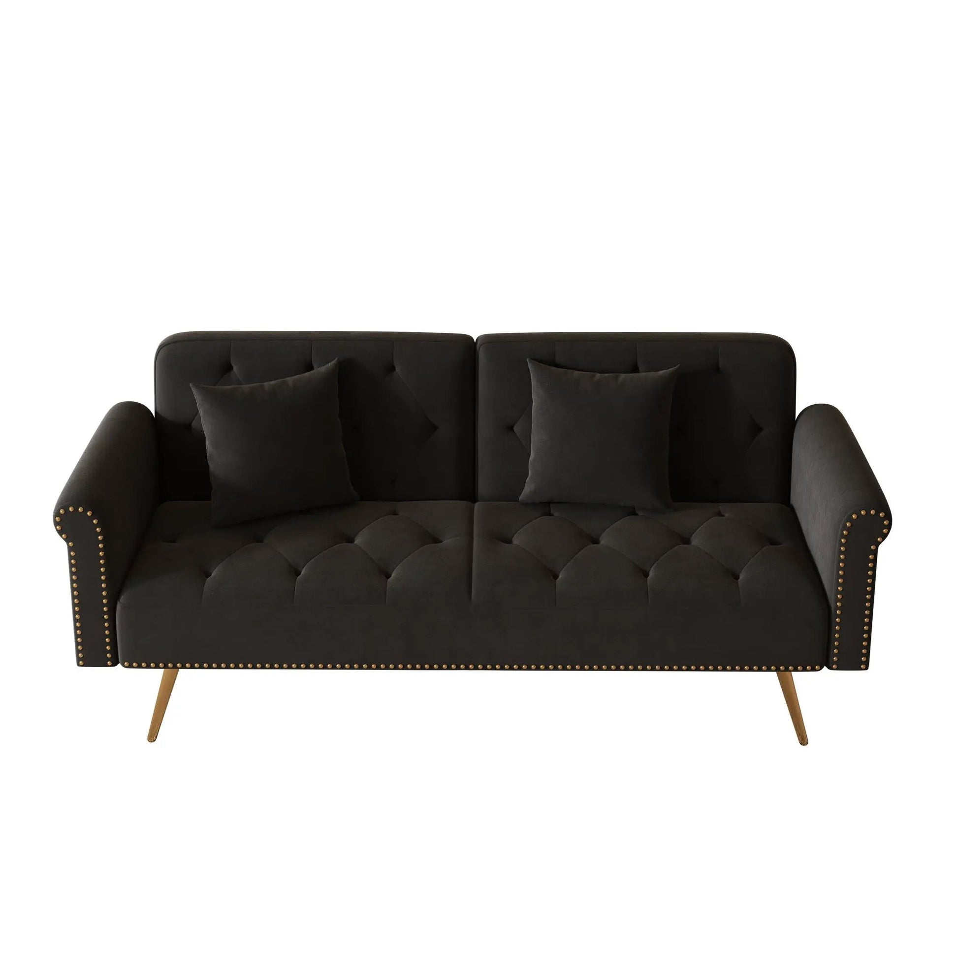 Futon sofa bed with nailhead trim and matching pillows in dark charcoal fabric Unique Piece on Tampa Home & Garden Store