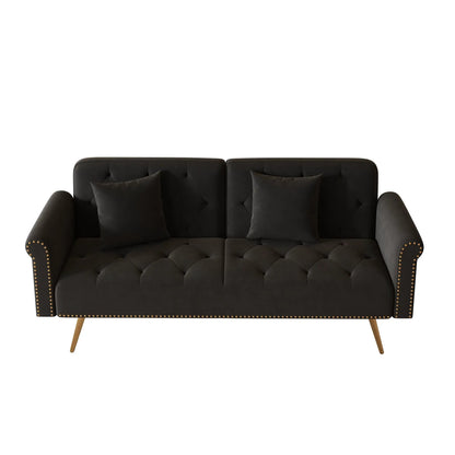 Futon sofa bed with nailhead trim and matching pillows in dark charcoal fabric Unique Piece on Tampa Home & Garden Store