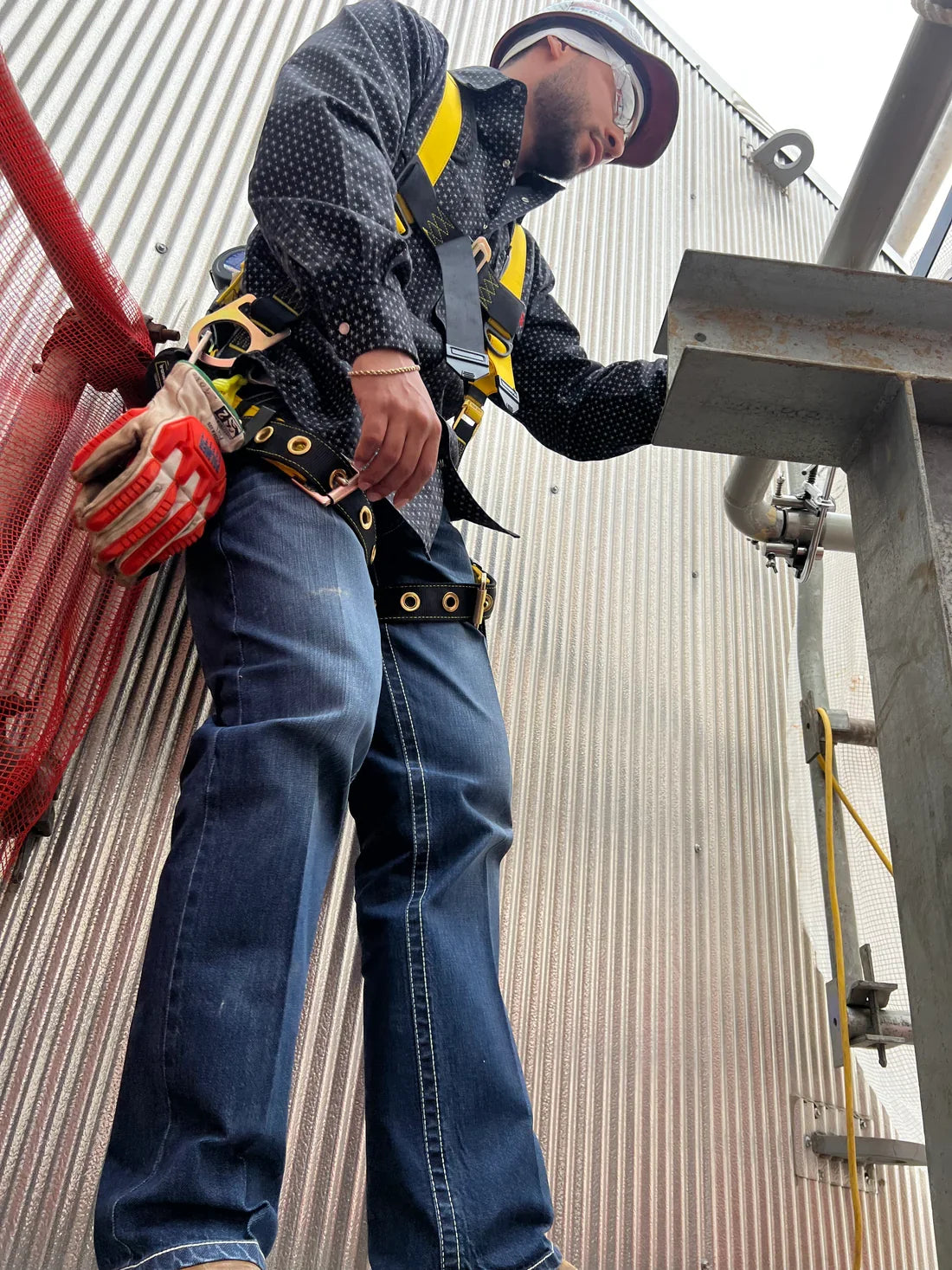 FR Pearl Snap Work Shirt Reaper Black by Static FR with safety harness on Tampa Home & Garden Store