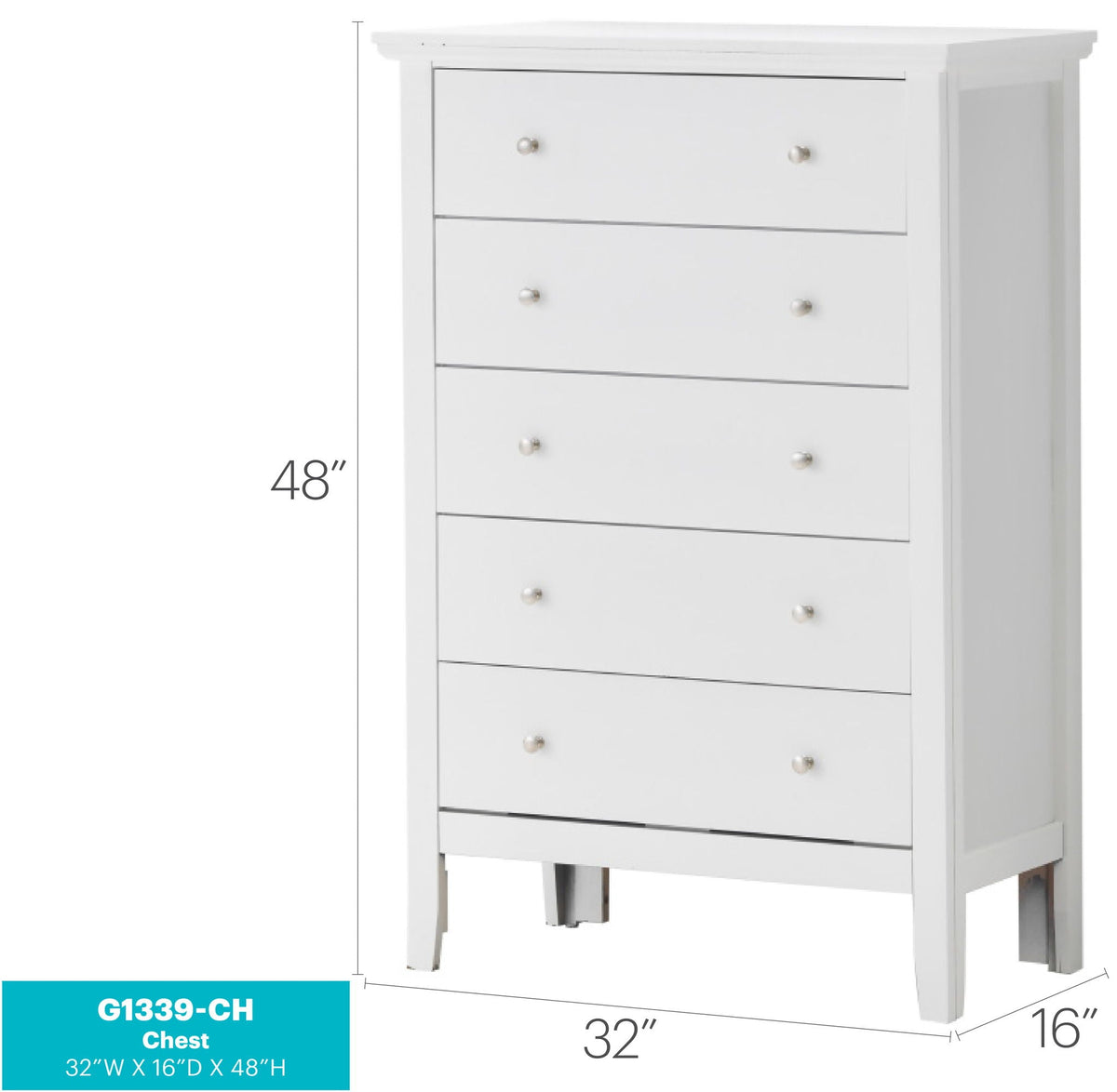 Primo Accent Chest by HouseOfZazla in white durable finish, 32W x 16D x 48H, multi-drawer accent table with silver knobs on Tampa Home & Garden Store