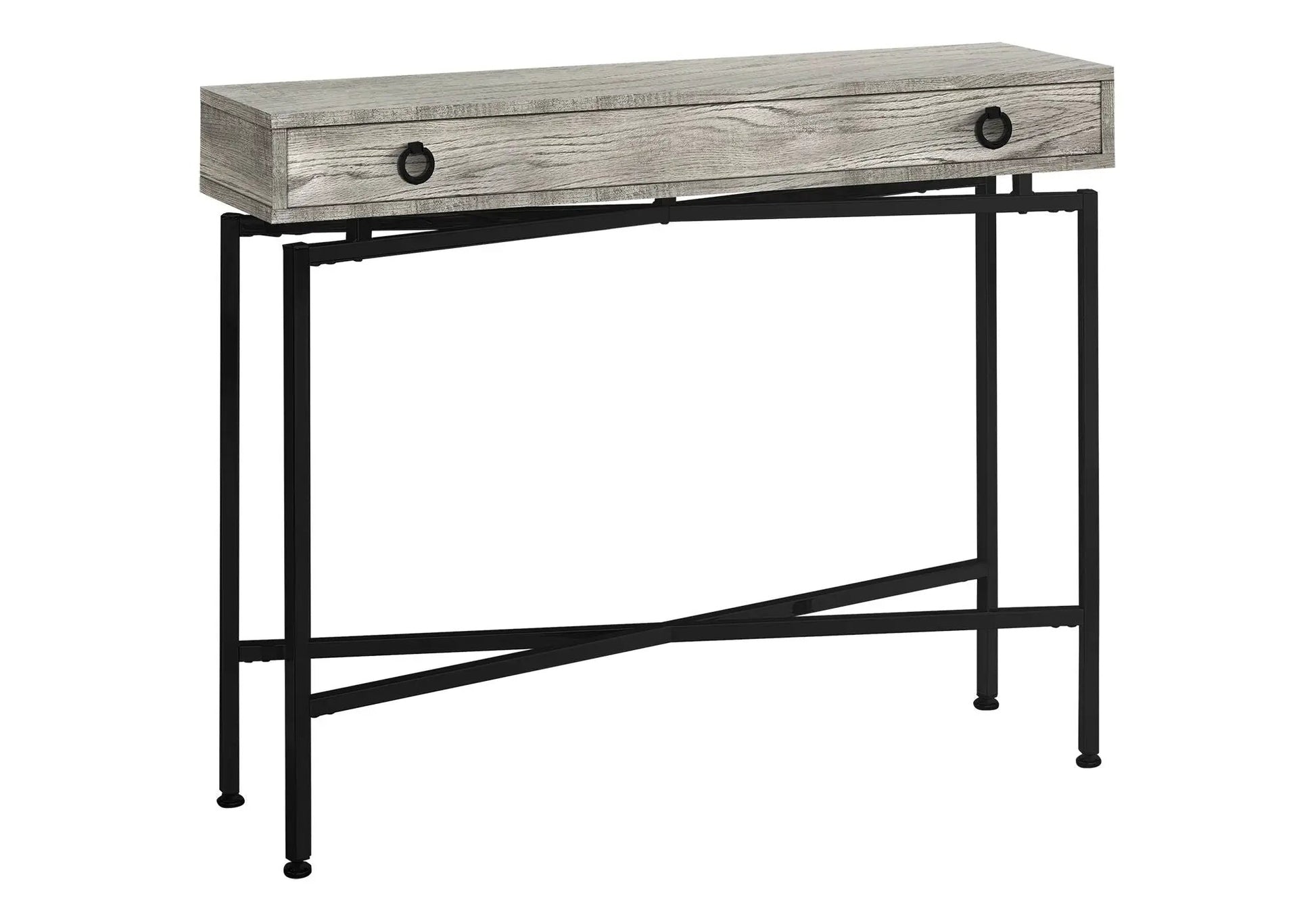 Accent Console Table graywashed wood drawer with black metal frame for entryway storage on Tampa Home & Garden Store