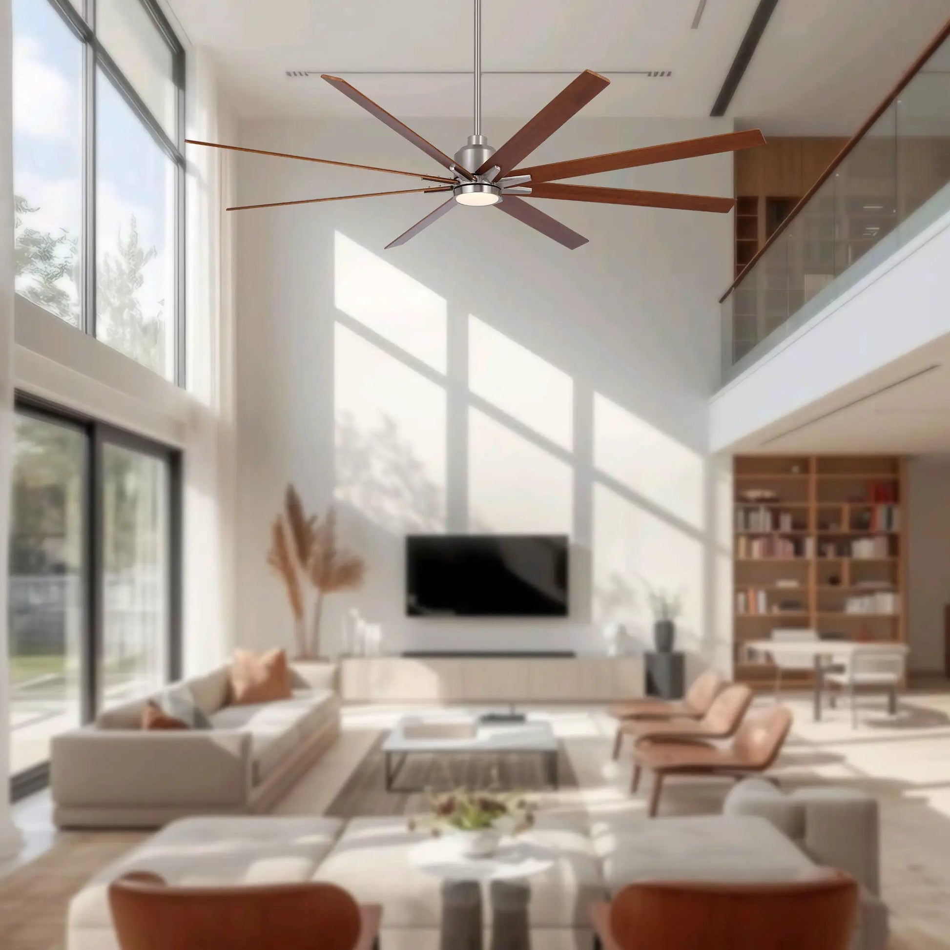 Oversized ceiling fan with 8 wooden blades, brushed metal hub and dimmable LED light, remote on Tampa Home & Garden Store
