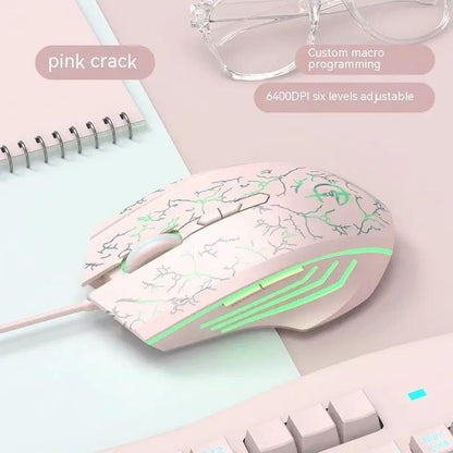 Laptop Esports Game Wired Mouse pink cracked design with green LED accents on Tampa Home & Garden Store